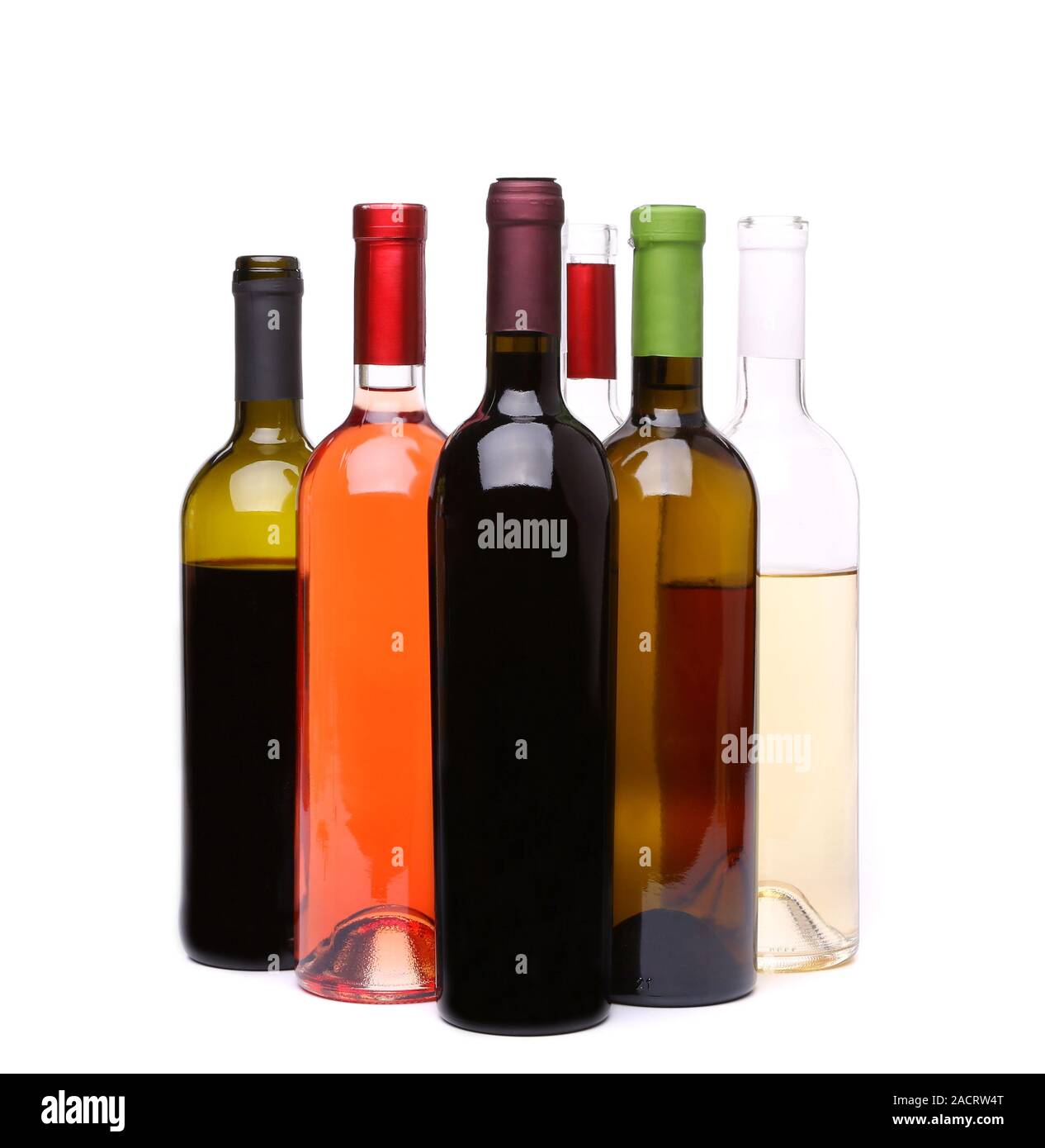 Viele Flaschen Wein auf weißem Hintergrund Stockfoto