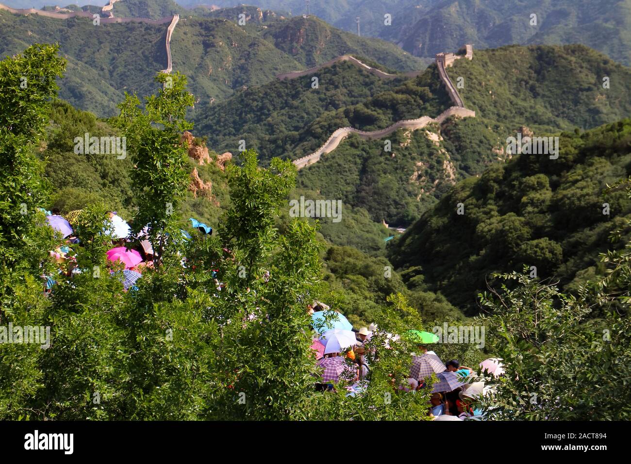 Overtourism zeigt seine Wirkung, als ein Zug der Touristen mit bunten Sonnenschirmen Spaziergang der berühmteste Teil der Großen Mauer in Badaling, China. Stockfoto