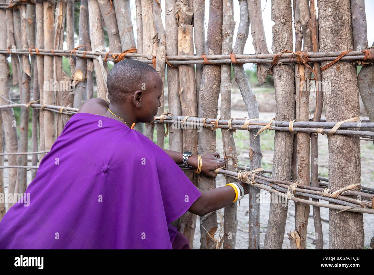 Gleichen, Tansania, 7. Juni 2019: Massai-frau melken ihr Haus Gebäude Stockfoto