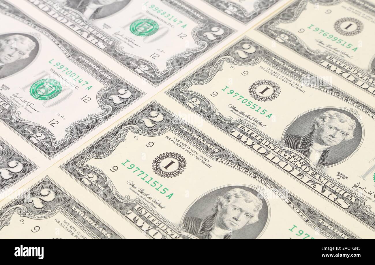 Nahaufnahme des zwei-Dollar-Scheine. Stockfoto