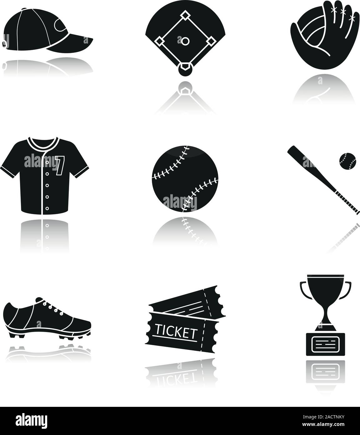 Baseball Zubehör Schatten schwarze Symbole gesetzt. Sechskantschrauben, Feld, Mitt, t-shirt, Ball, bat, Schuhputzmaschine, Tickets, Auszeichnung der Sieger. Kit's Softballspieler. Isolierte v Stock Vektor