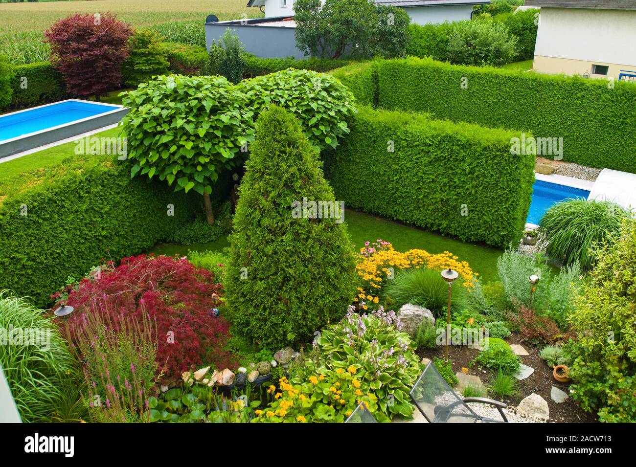 Garten mit Pool Stockfoto