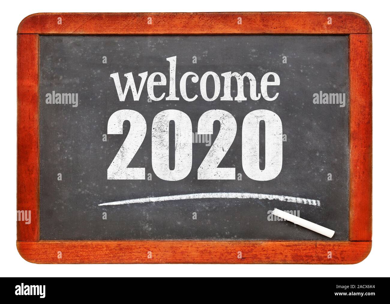 Willkommen 2020 - Neues Jahr Konzept auf einem Vintage schiefer Tafel isoliert auf weißem Stockfoto