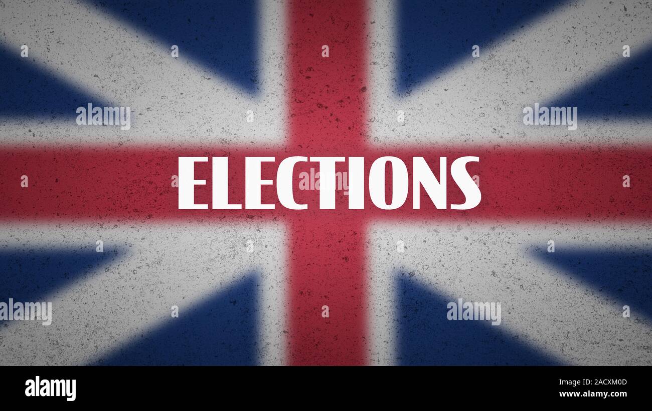 Großbritannien Politik Poster - Wahlen das Wort '' auf unscharfen Union Jack Flagge. Die Abbildung für die britischen politischen und staatlichen, geopolitischen und patrio Stockfoto