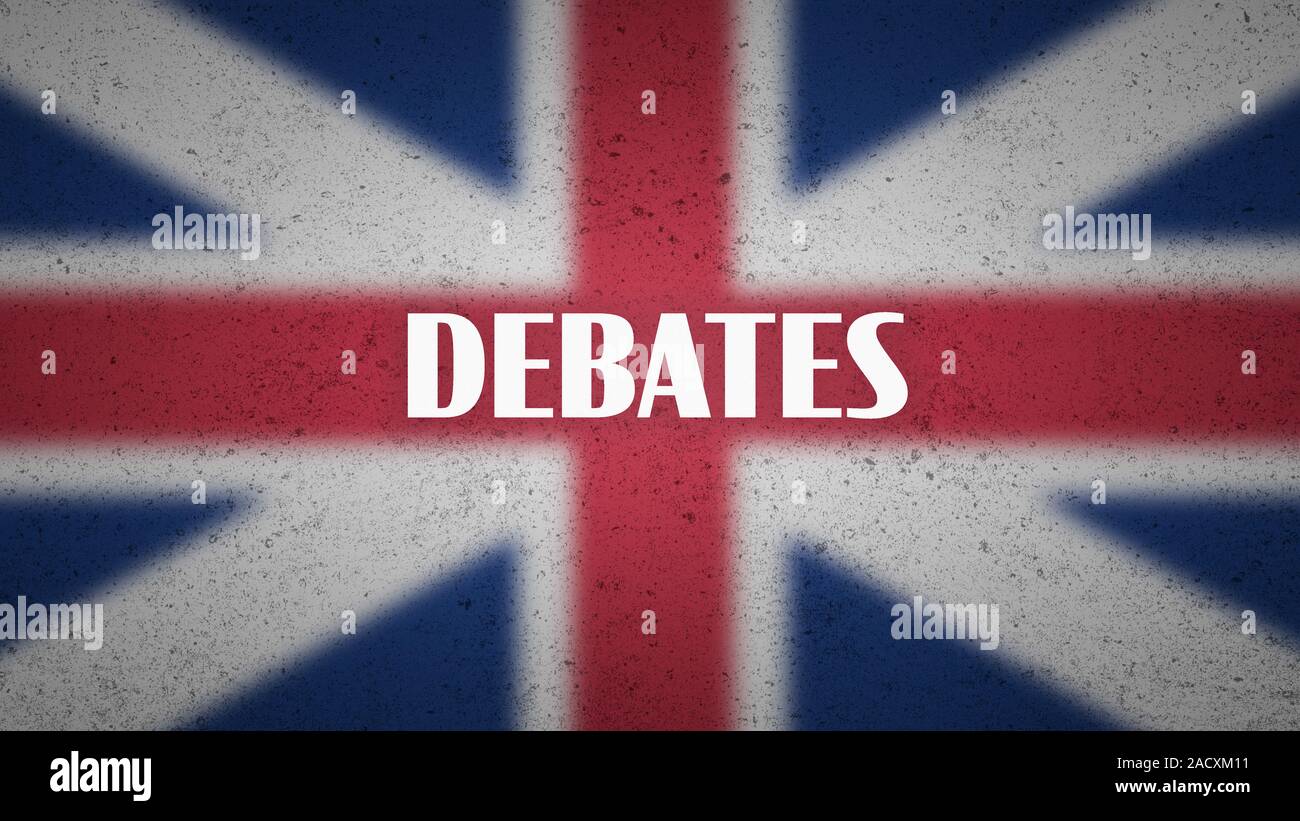 Großbritannien Politik Poster - das Wort 'dEbates' auf unscharfen Union Jack Flagge. Die Abbildung für die britischen politischen und staatlichen, geopolitischen und patrioti Stockfoto
