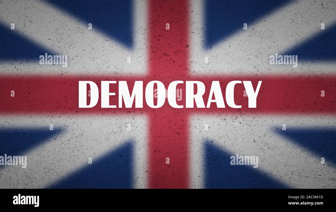 Großbritannien Politik Poster - Das Wort 'Demokratie' auf unscharfen Union Jack Flagge. Die Abbildung für britische politische, staatliche und gesellschaftliche Themen Stockfoto