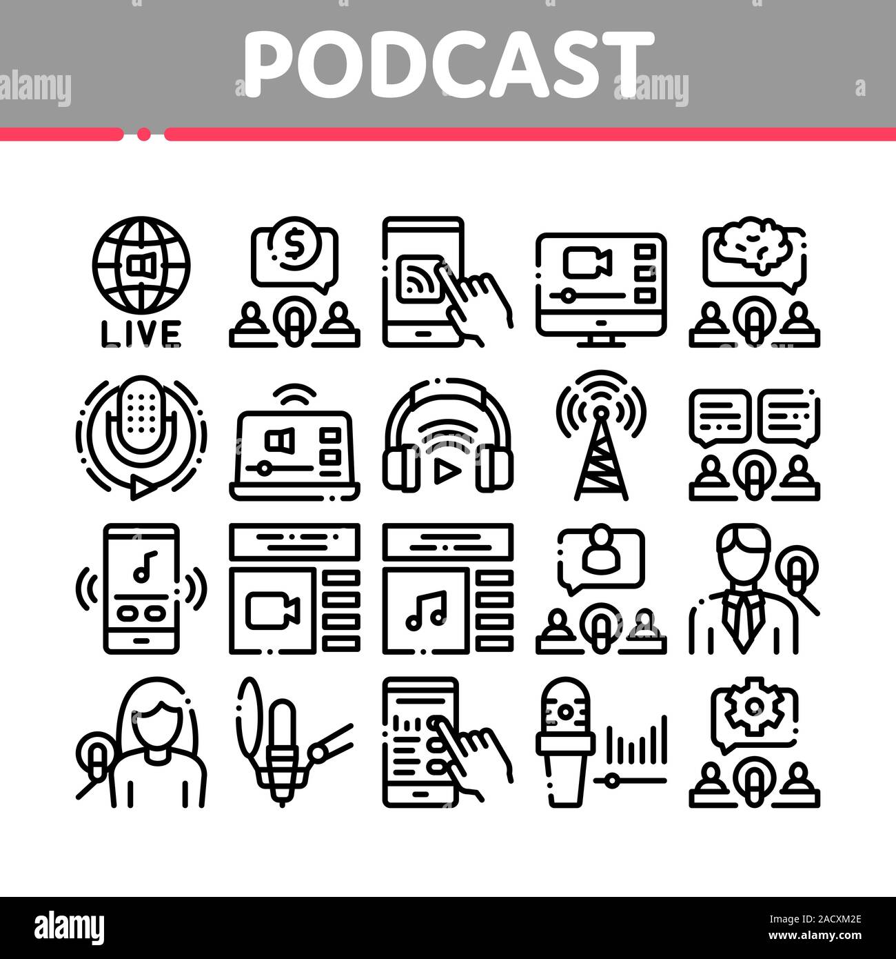 Podcast und Radio Sammlung Icons Set Vector Stock Vektor