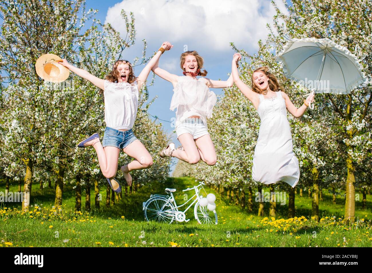 Junge Frauen in der kirschgarten Stockfoto