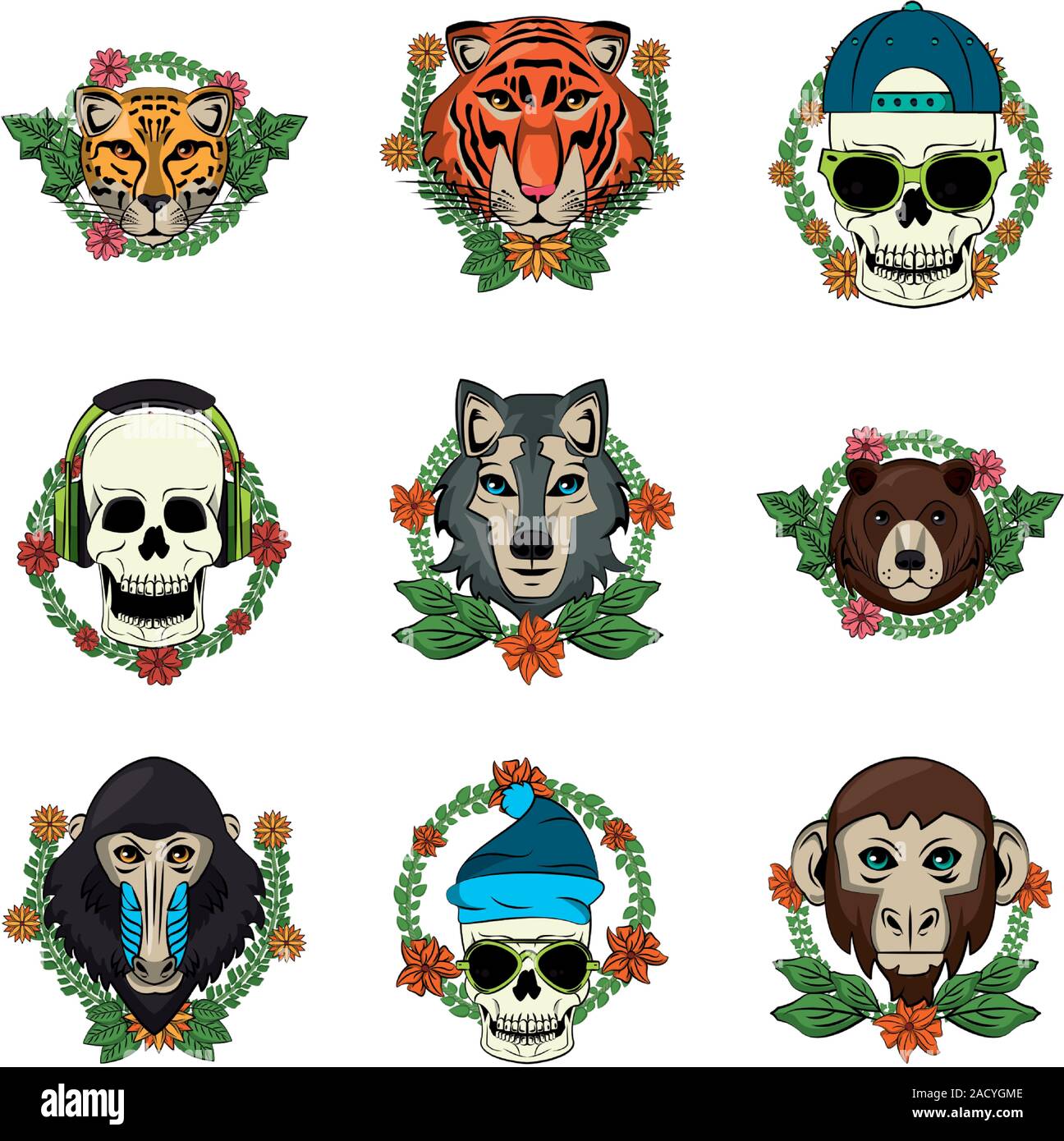 Bündel der Embleme Tiere und Schädel Stock Vektor