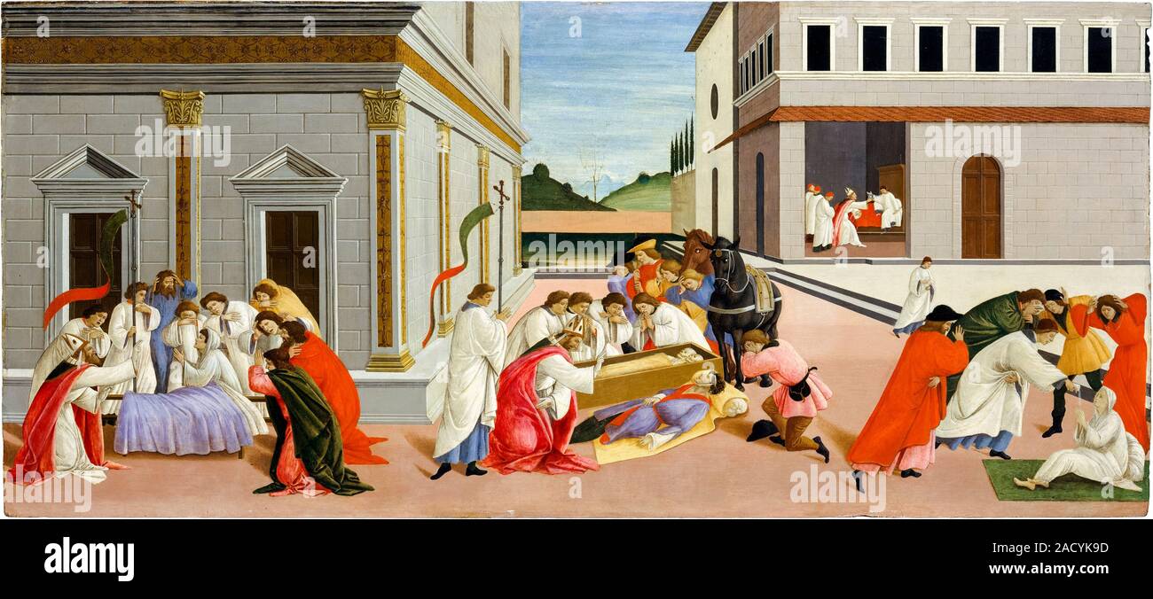 Sandro Botticelli, drei Wunder des Heiligen Zenobius, Malerei, ca. 1500 Stockfoto