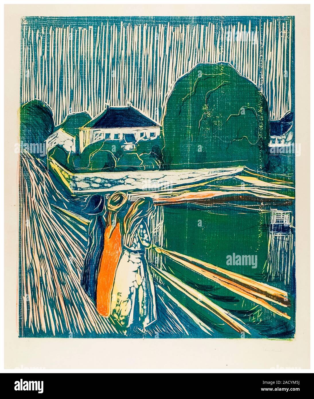 Edvard Munch, die Mädchen auf der Brücke, Holzschnitt, 1918 Stockfoto