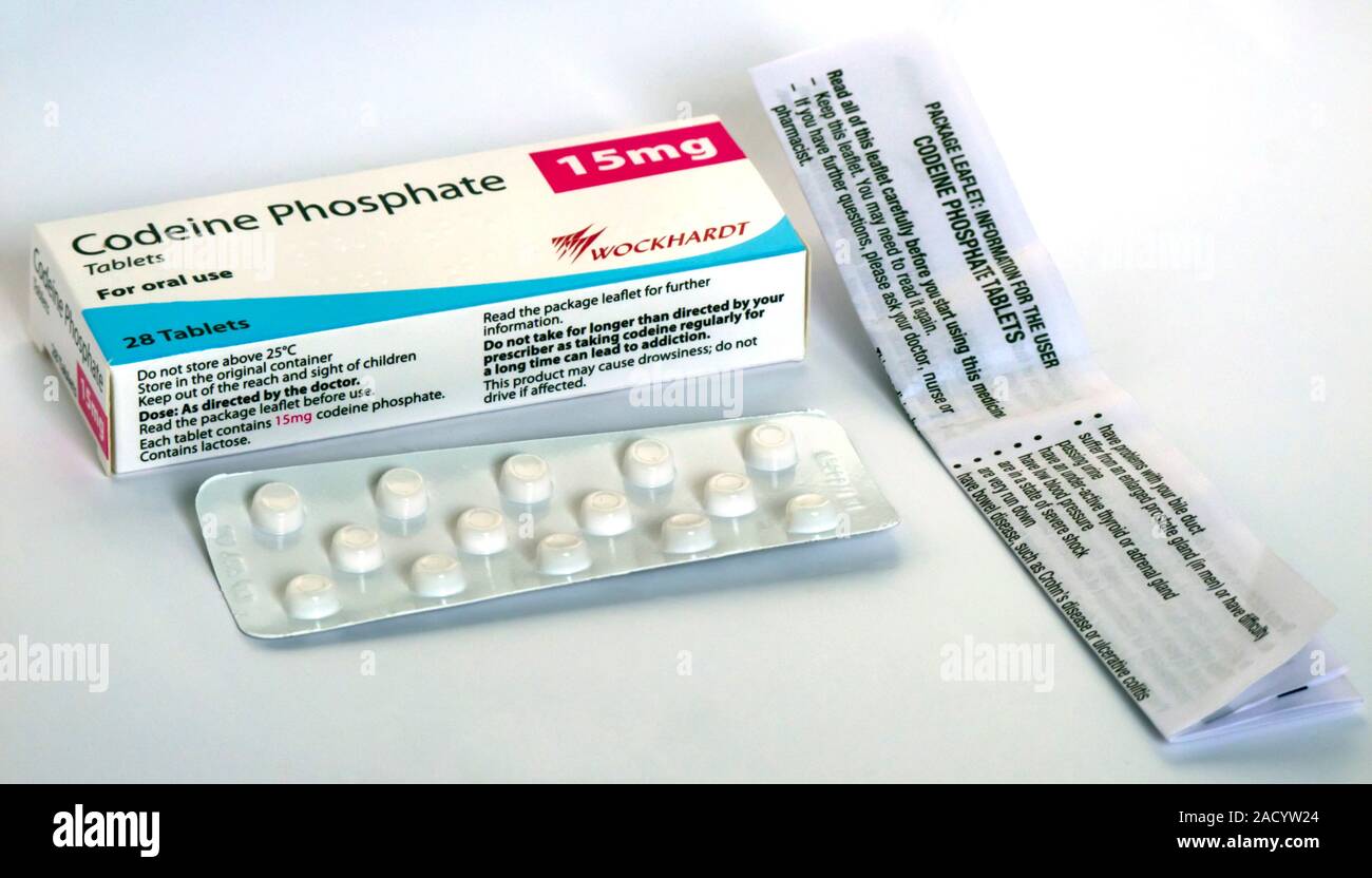 Codein Tabletten und Verpackung. Codein ist sowohl ein Beruhigungsmittel  und einem milden Schmerzmitteln (Schmerz-Tötung Droge Stockfotografie -  Alamy