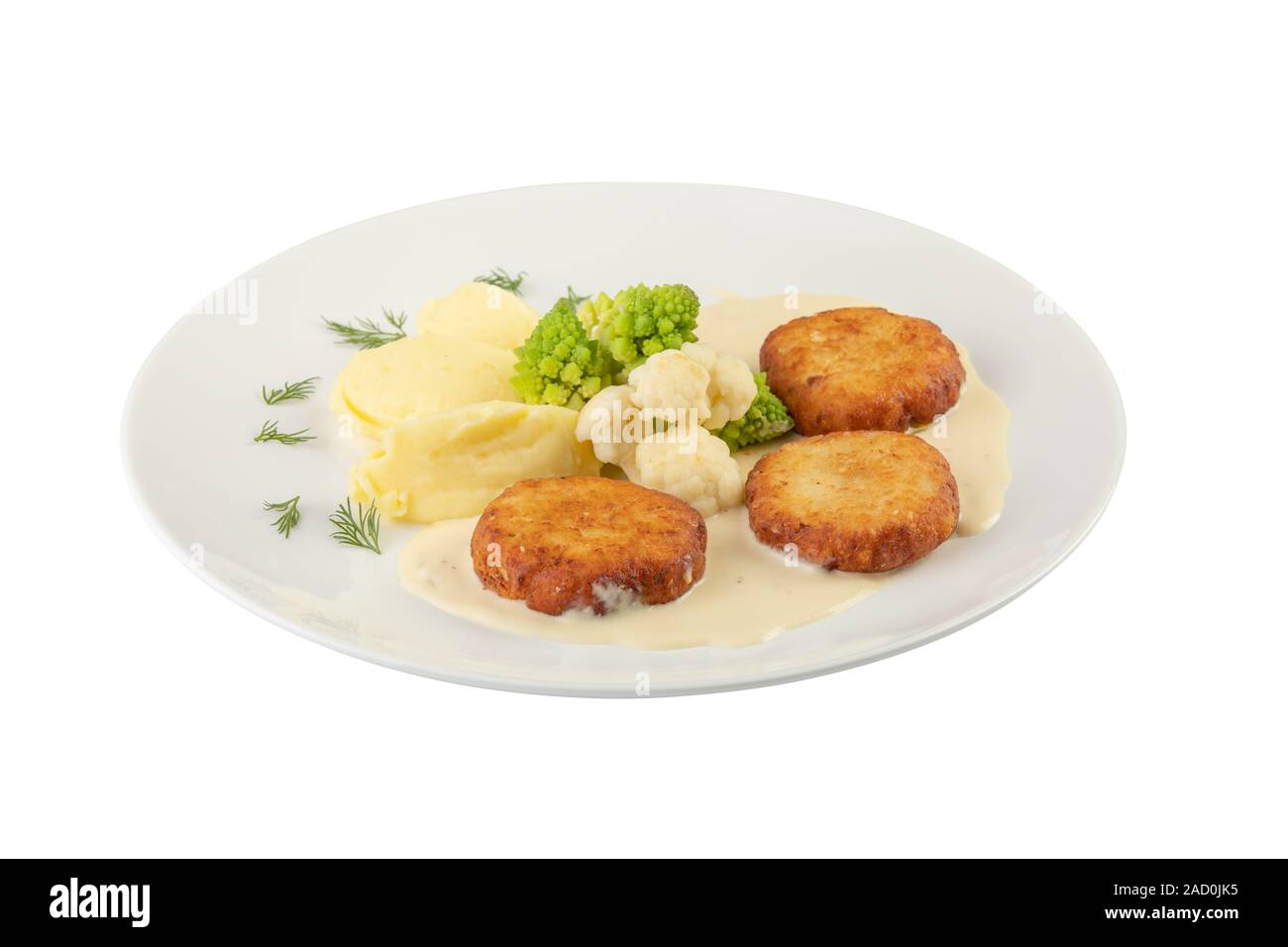 Rind Schnitzel mit Kartoffelbrei, Brokkoli und Blumenkohl in eine weiße ...