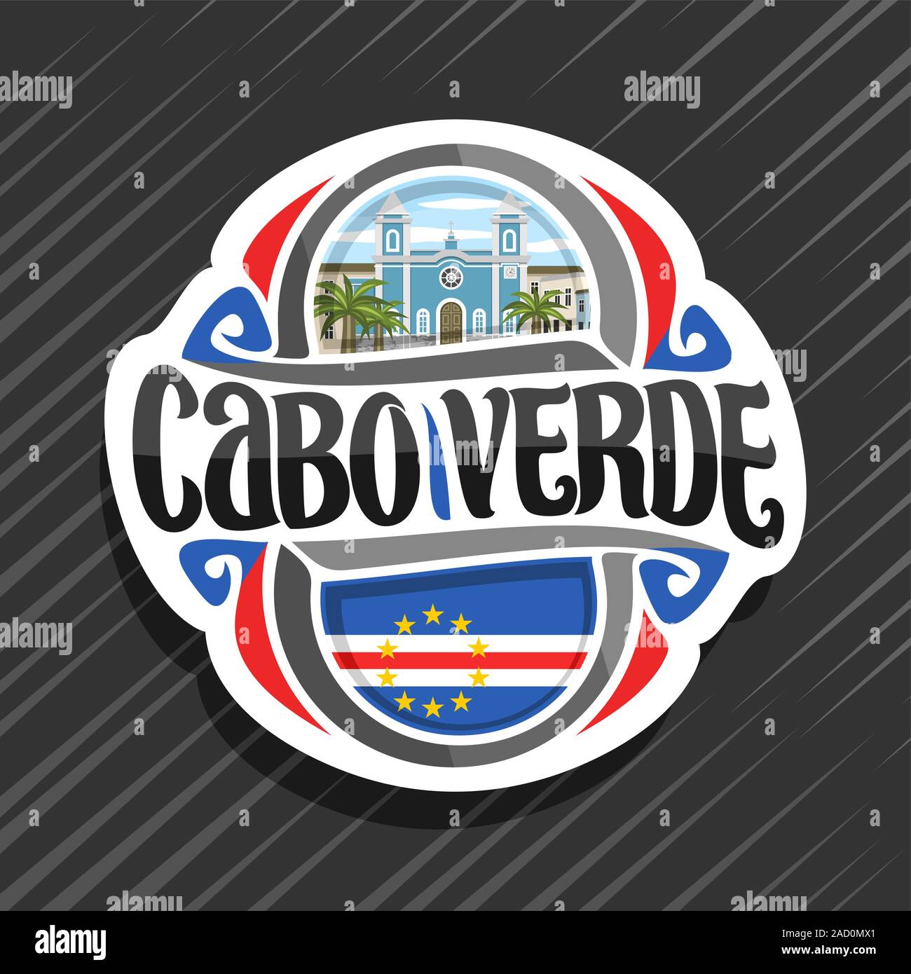 Vektor Logo für die Republik Cabo Verde, Kühlschrank Magnet mit kapverdischen Staat Flagge, original brush Schrift für Worte Cabo Verde und nationales Symbol - Stock Vektor