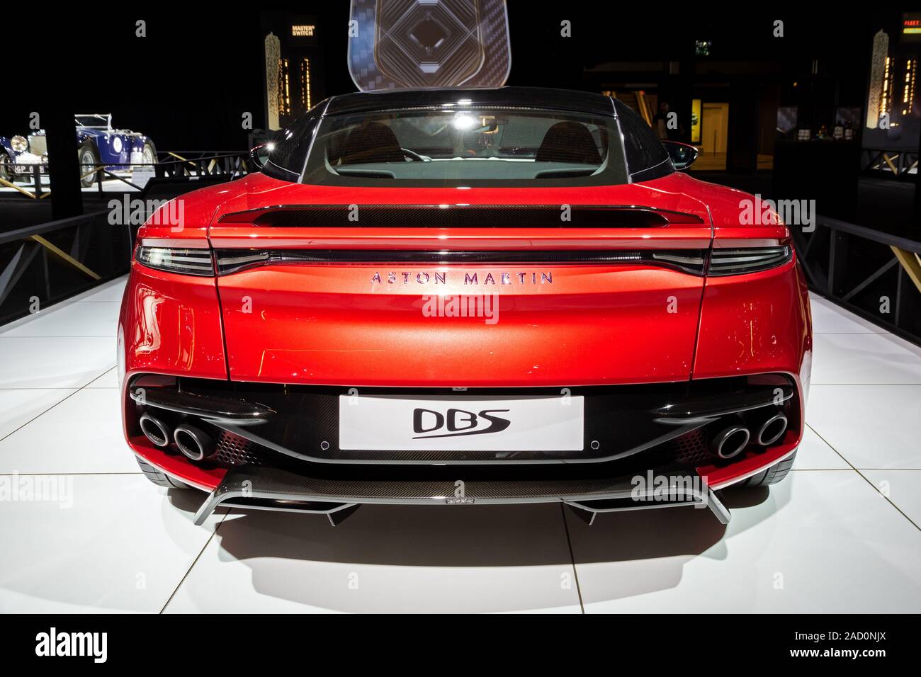 Brüssel - Jan 18, 2019: Aston Martin DBS Superleggera Sportwagen auf dem Brüsseler Autosalon 2019 Motor Show präsentiert. Stockfoto