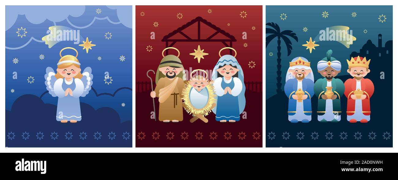 Sammlung von drei Weihnachtskrippen. Heilige Familie, Engel und drei Weisen. Vector Illustration ohne Transparenz. Stock Vektor