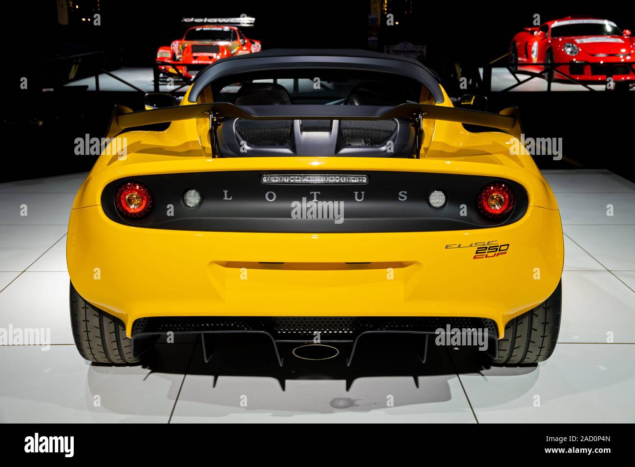 Brüssel - Jan 18, 2019: Lotus Elise Cup 250 Sportwagen auf dem Brüsseler Autosalon 2019 Motor Show präsentiert. Stockfoto