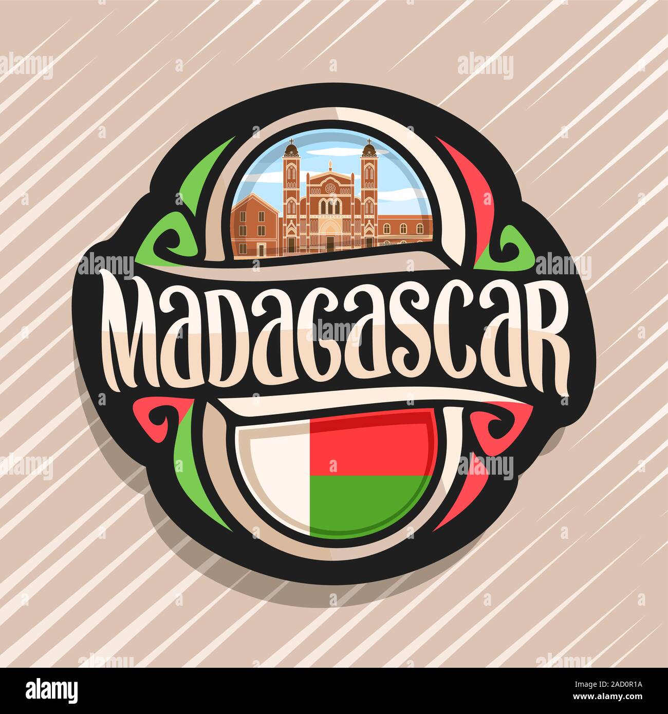 Vektor logo für Madagaskar Land, Kühlschrank Magnet mit madagassischen Staat Flagge, original brush Schrift für Wort Madagaskar und nationalen madagassischen Symb Stock Vektor