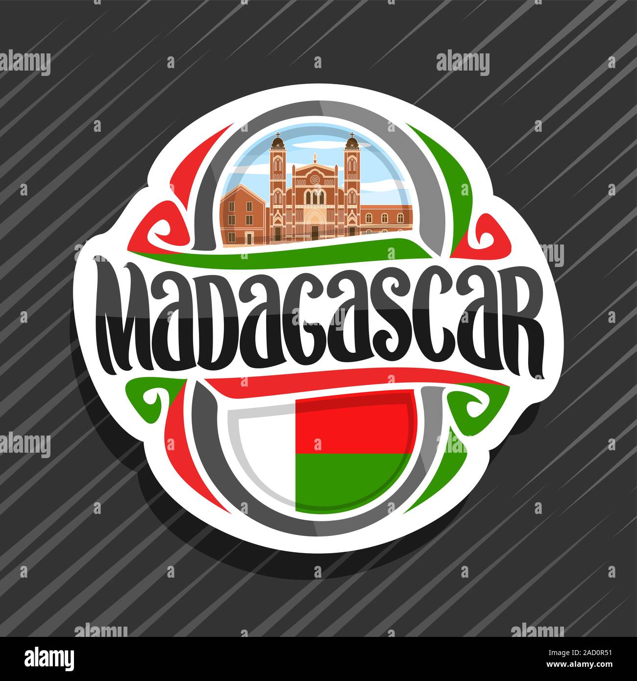 Vektor logo für Madagaskar Land, Kühlschrank Magnet mit madagassischen Staat Flagge, original brush Schrift für Wort Madagaskar und nationalen madagassischen Symb Stock Vektor