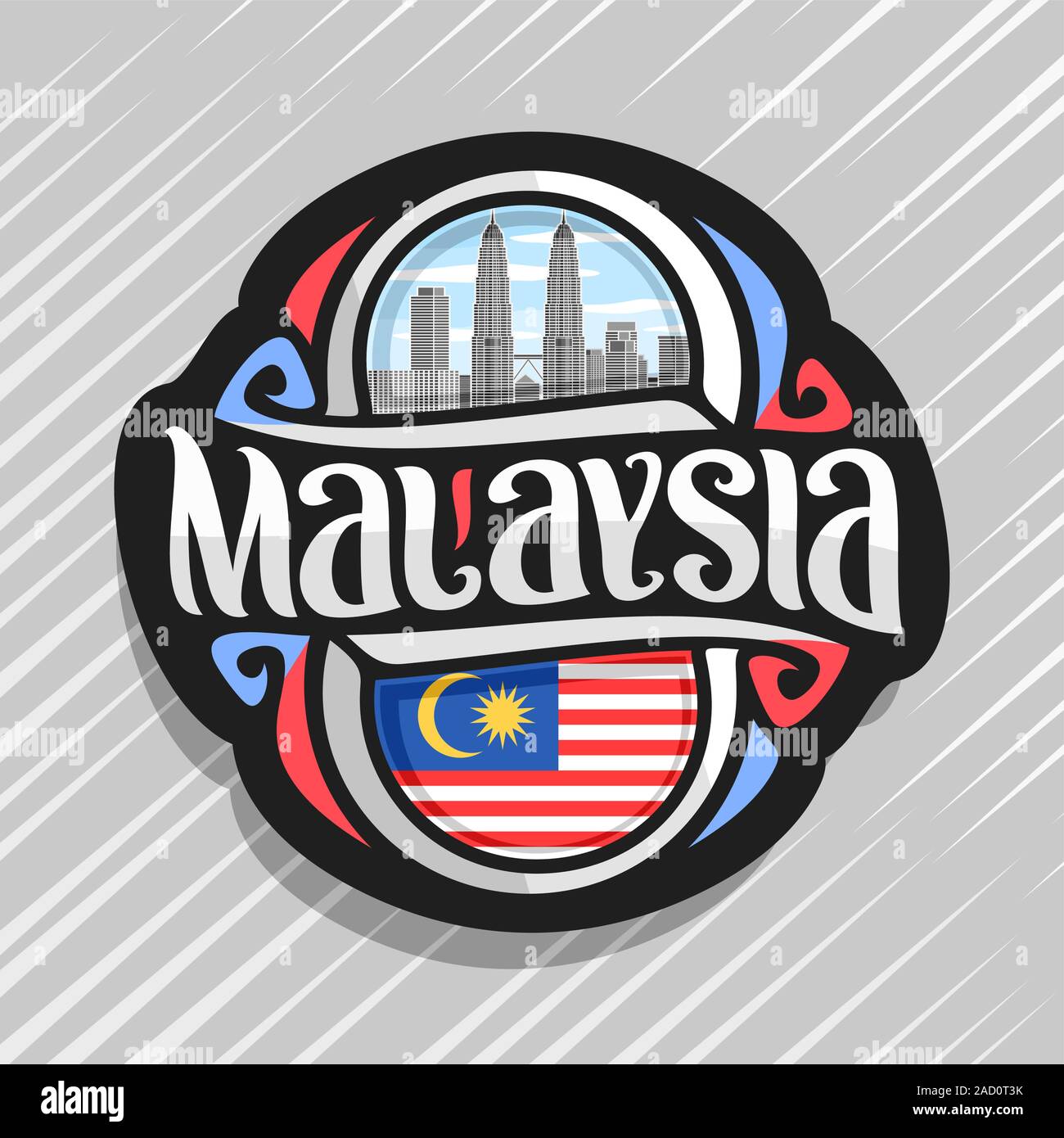 Vektor logo für Malaysia Land, Kühlschrank Magnet mit malaysischen Staat Flagge, original brush Schrift für Wort Malaysia und nationale malaysische Symbol-P Stock Vektor