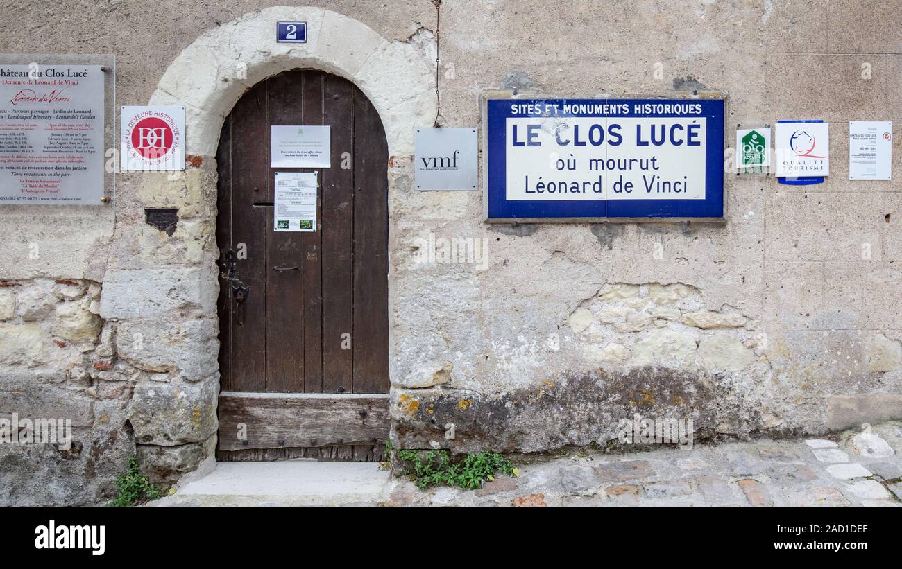 Amboise, Frankreich - Oktober 16, 2019: Monument Chateau dus-Clos Luce, ehemaliger Wohnsitz von Leonardo da Vinci Stockfoto