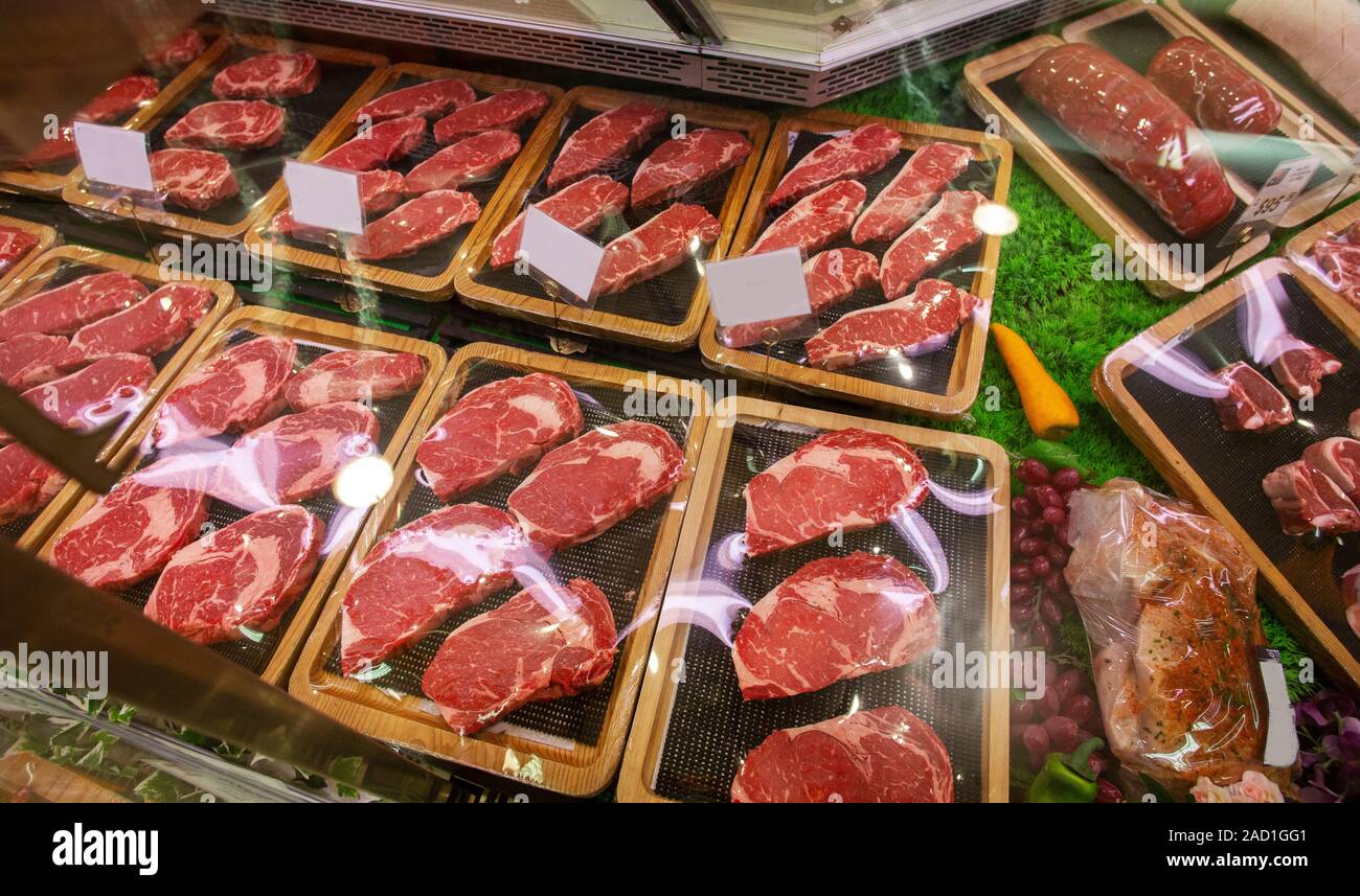 Rindfleisch aus verschiedenen Ländern - Australien, Kanada, USA. versuchen Sie zu erraten! Stockfoto