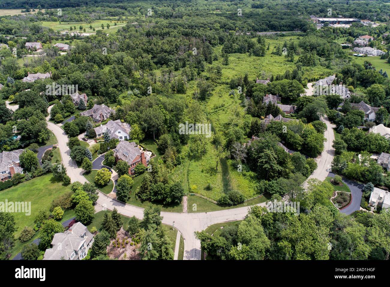 Luftaufnahme von einem luxuriösen Viertel mit alten Bäumen und einem Naturgebiet in einem Chicago Vorstadtnachbarschaft im Sommer. Stockfoto