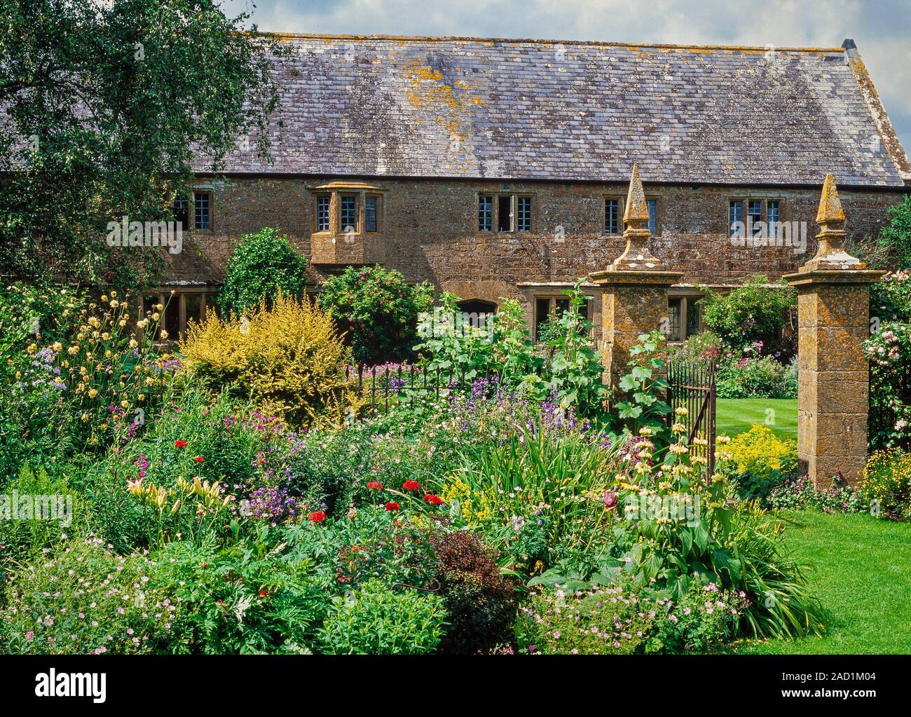 Reifen garten Szene, Sommer herbacious Grenze, Steinmauern, Stockfoto