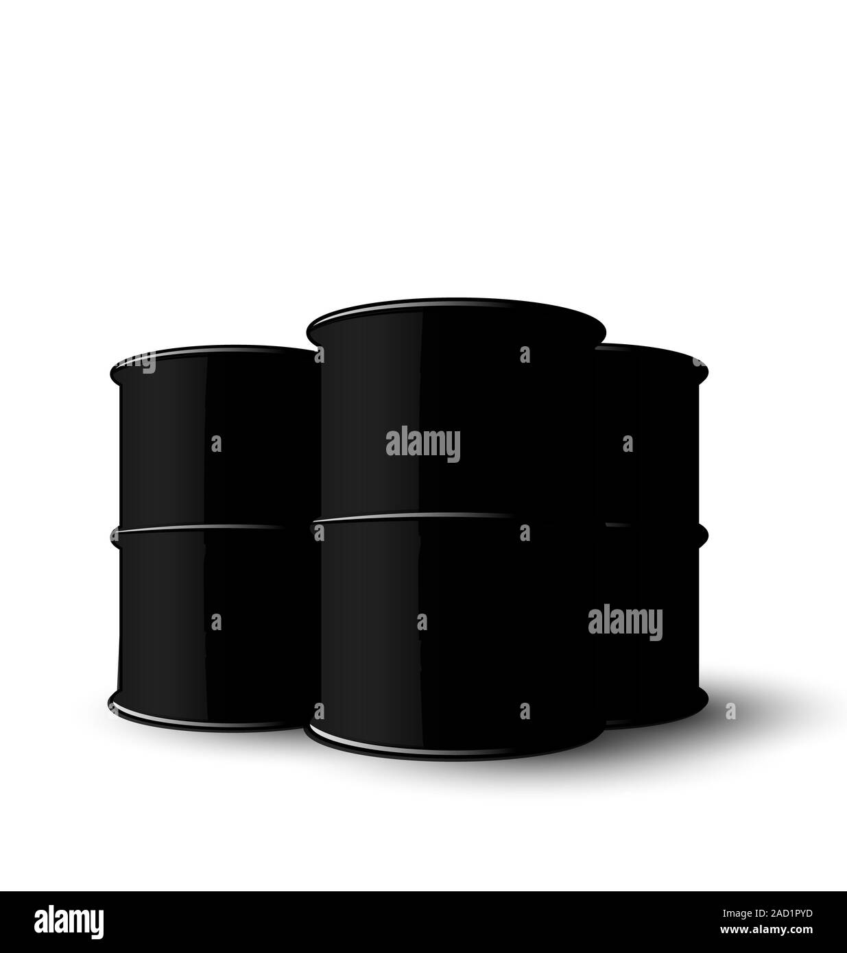 Drei Black Metal von Ölfässern, Isolated on White Background Stockfoto