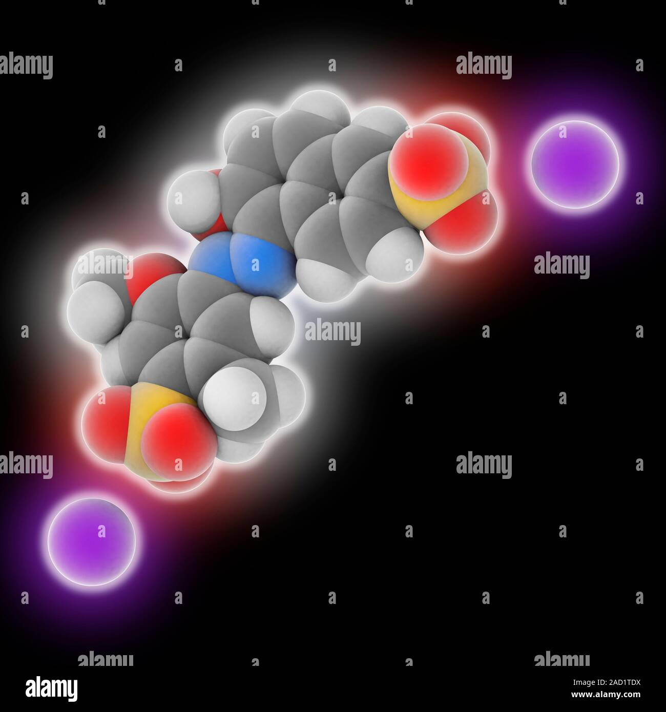 Allurarot AC Lebensmittelfarbe. Molekulares Modell des Roten azo compound  Allurarot AC (C 18 H 14 N 2. Na 2. O 8. S2), als essen Farbstoff E129  bekannt. Atome sind wie dargestellt Stockfotografie - Alamy