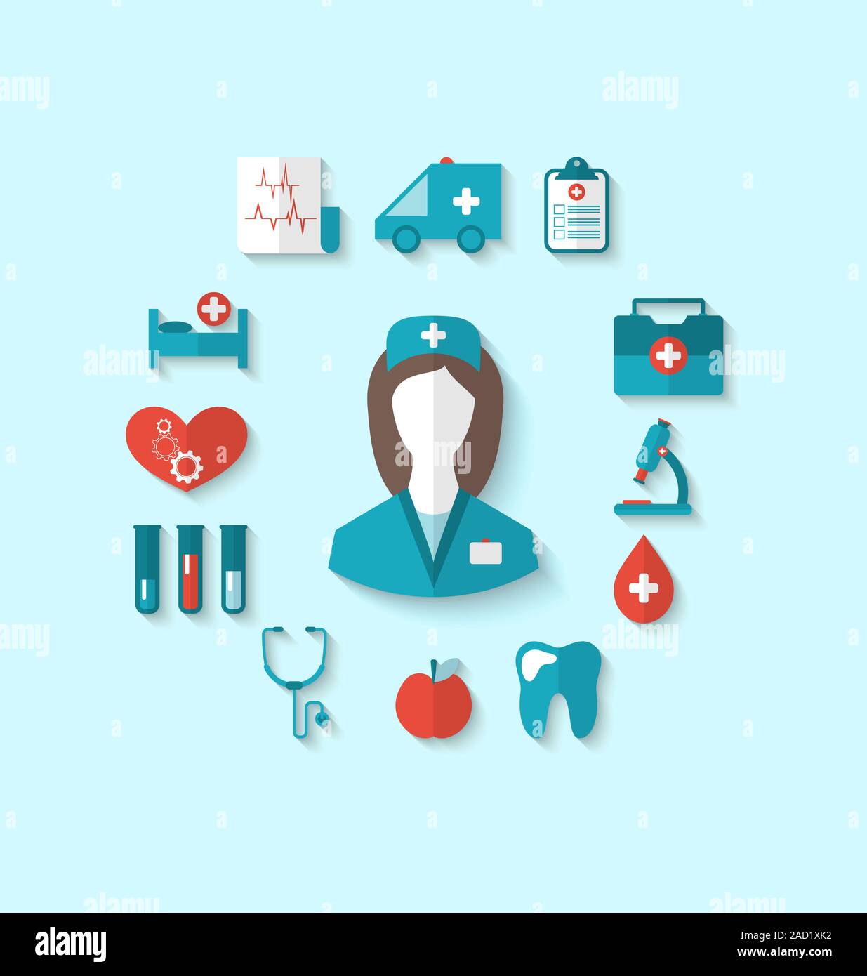 Festlegen Sie moderne flachere Ikonen der Krankenschwester und medizinischer Objekte, einfachen Stil Stockfoto