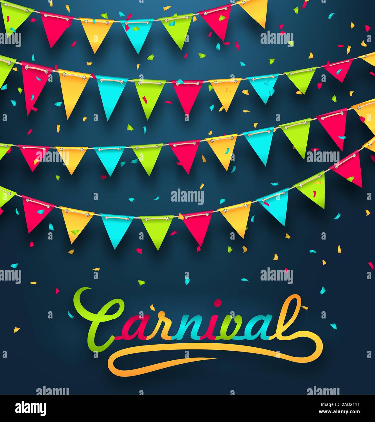 Karneval Party dunklen Hintergrund mit bunten Girlanden Fahnen Stockfoto