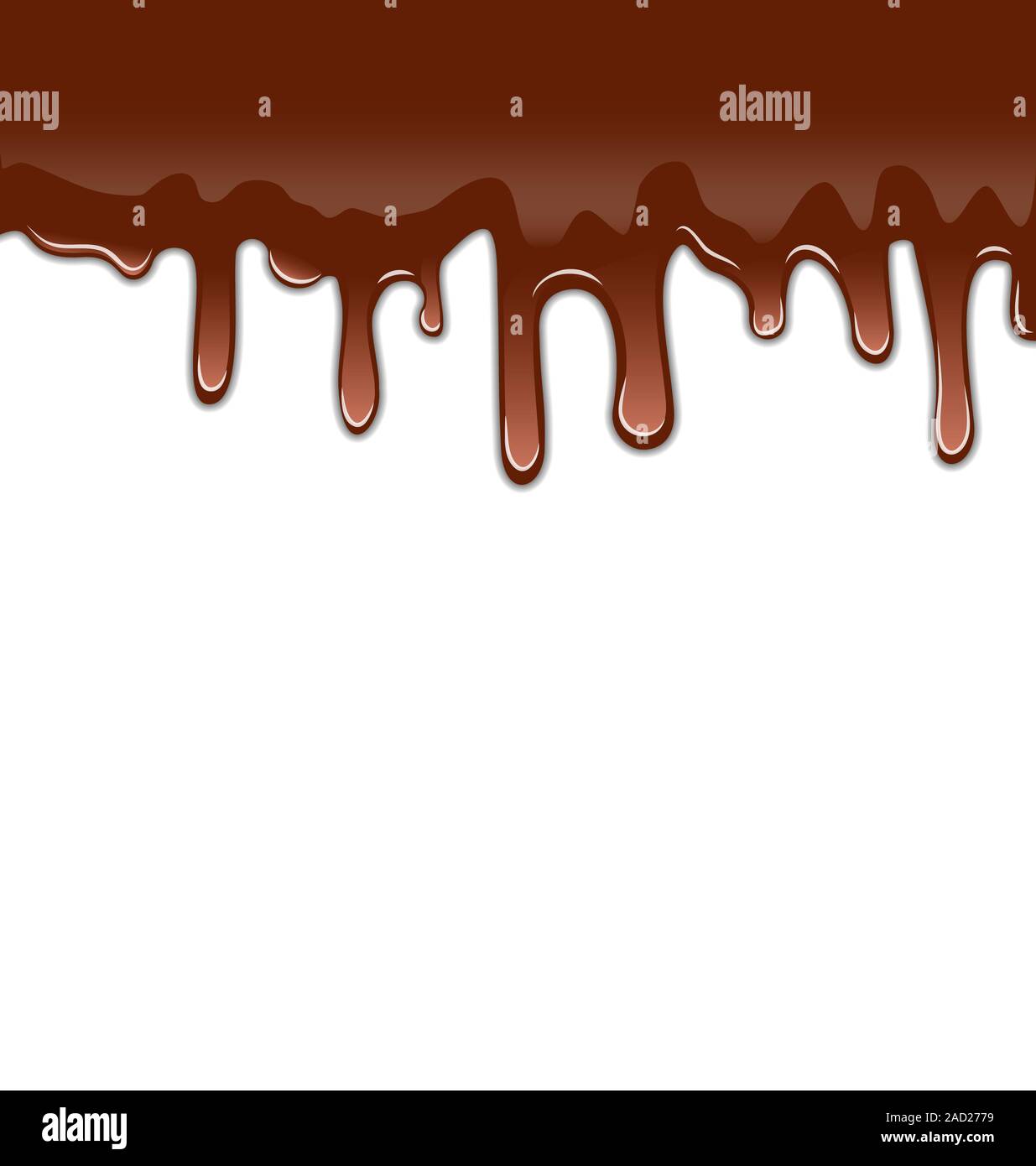 Geschmolzene Schokolade sirupartige tropft auf weißem Hintergrund, süßes Dessert Stockfoto