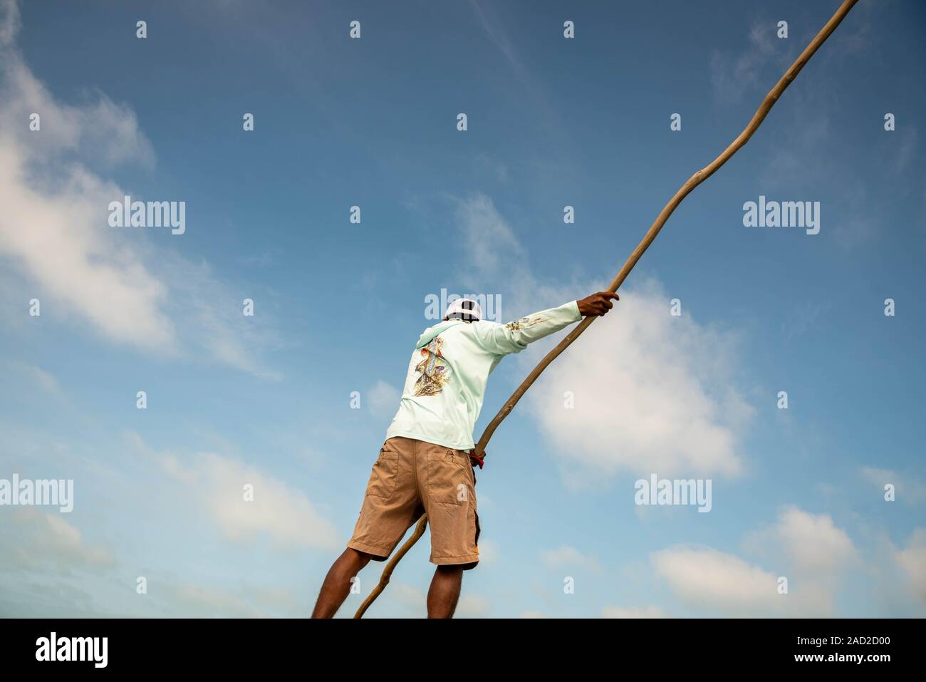 Ein Belizean fisherman Guide auf der Suche nach bonefish und lenkt ein Boot mit einem langen Holzstab. Stockfoto