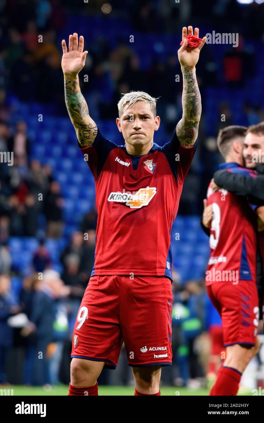 BARCELONA-DEZ 1: Ezequiel Chimy Avila feiert den Sieg an der La Liga Match zwischen RCD Espanyol und CA Osasuna an der RCDE Stadium auf Decembe Stockfoto