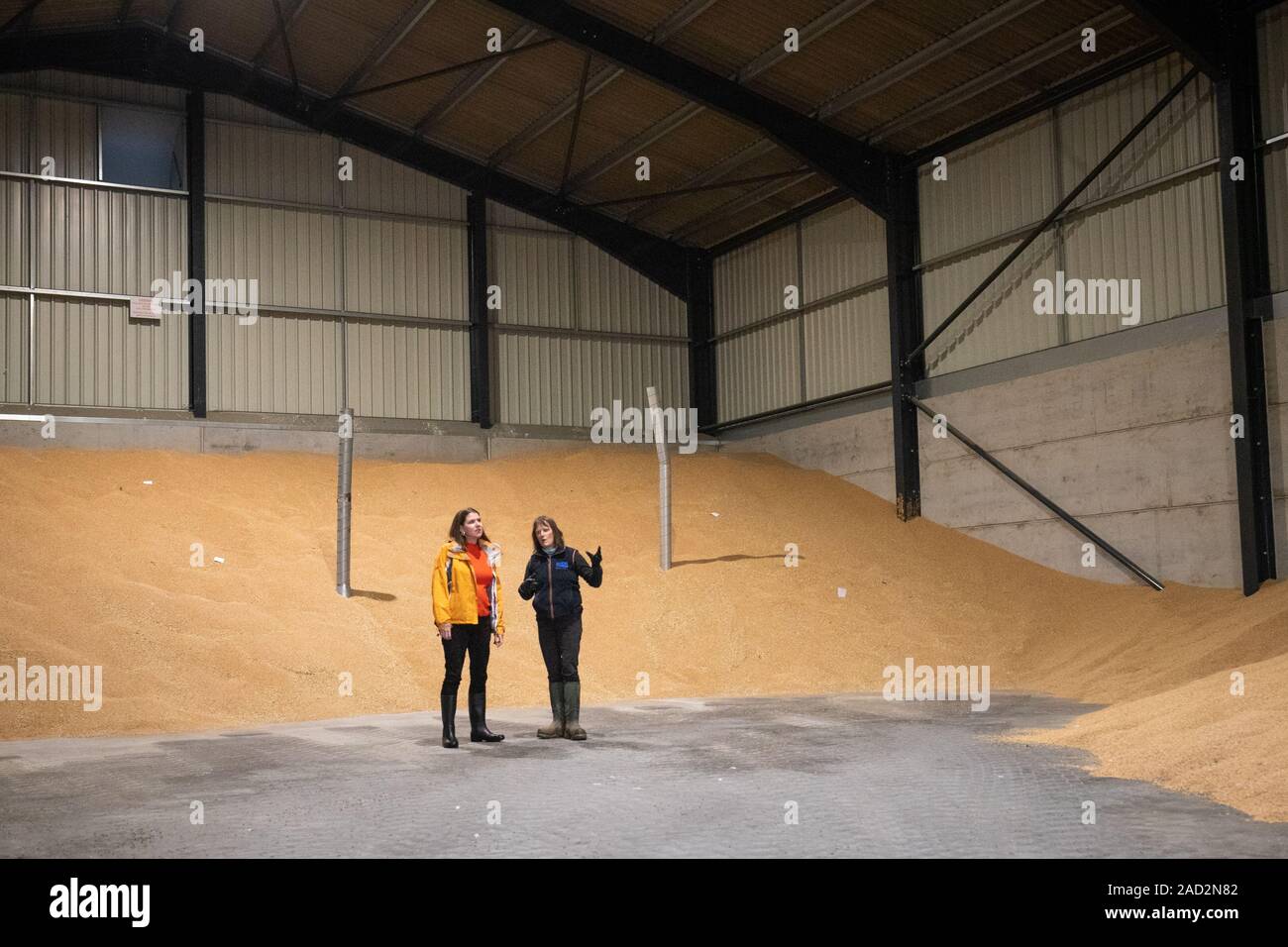 Jo Swinson und Landwirt Christy Willett als Liberaldemokraten Besuche, die einen ackerbaubetrieb in Galleywood außerhalb von Chelmsford die Auswirkungen der Brexit und Donald Trump Handelsabkommen zu diskutieren. Stockfoto