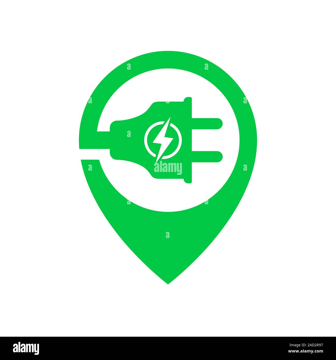 Logo für Elektroauto chargering Station mit Symbol innen Lage punkt Symbol. Grüne Ladeanzeige punkt Schriftzug. Vector Illustration. EPS 10. Stock Vektor