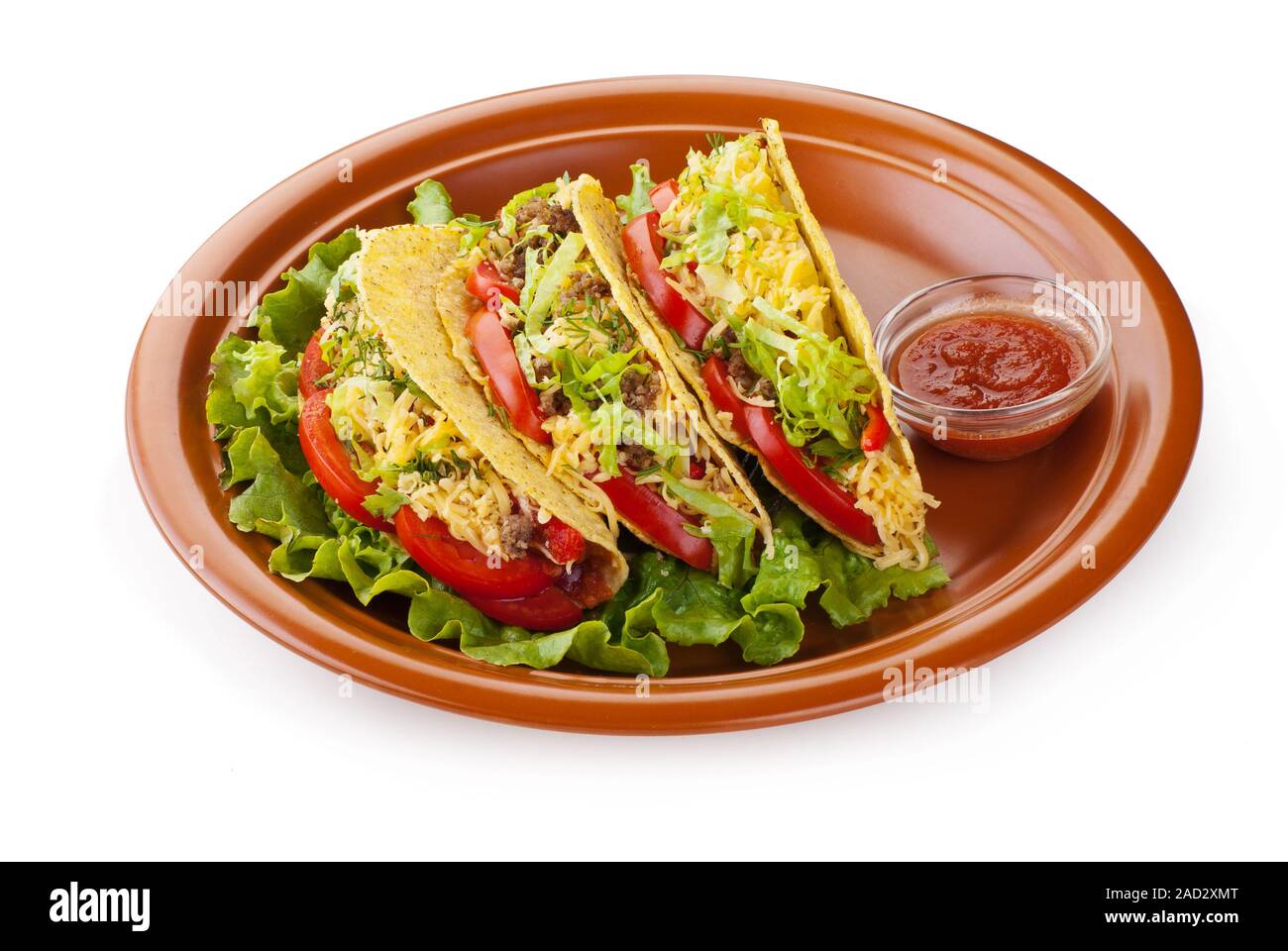 Rindfleisch-Tacos mit Salat und Tomaten-salsa Stockfoto