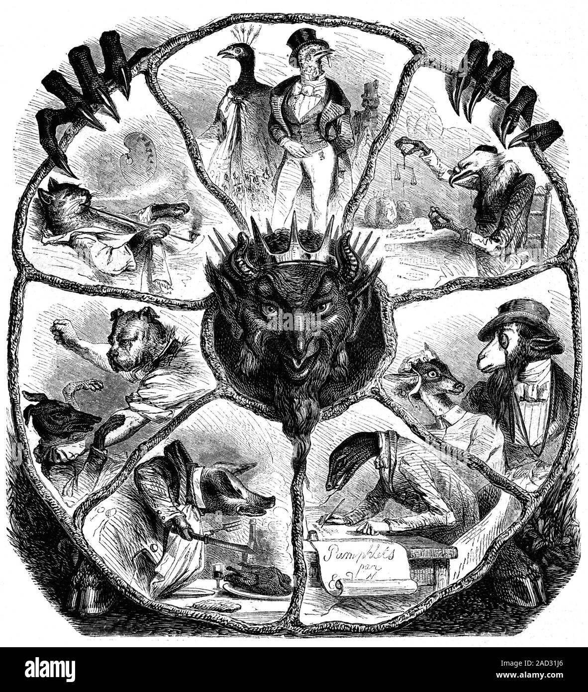 Sieben Todsünden. 1889 Abbildung: Darstellung der sieben Todsünden aus dem  Christentum, mit dem Teufel im Zentrum. Die sieben tödlichen (oder  Kardinal) Sünden Stockfotografie - Alamy