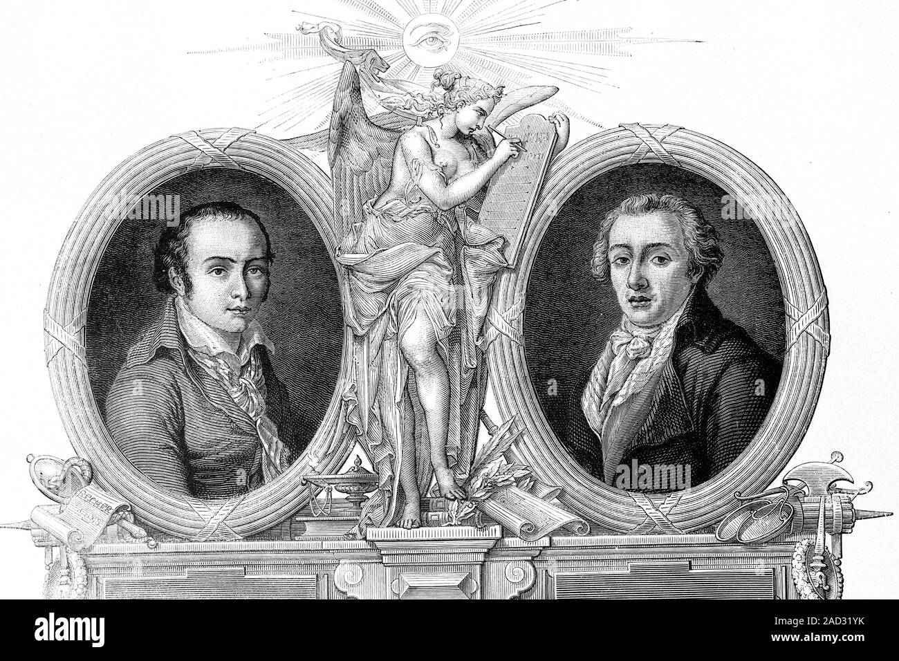 Portrait von André Chenier, geboren 1762, gestorben 1794, und Jean Antoine Roucher, geboren 1745, gestorben 1794. Französischer Dichter. Antike Abbildung, 1890. Stockfoto