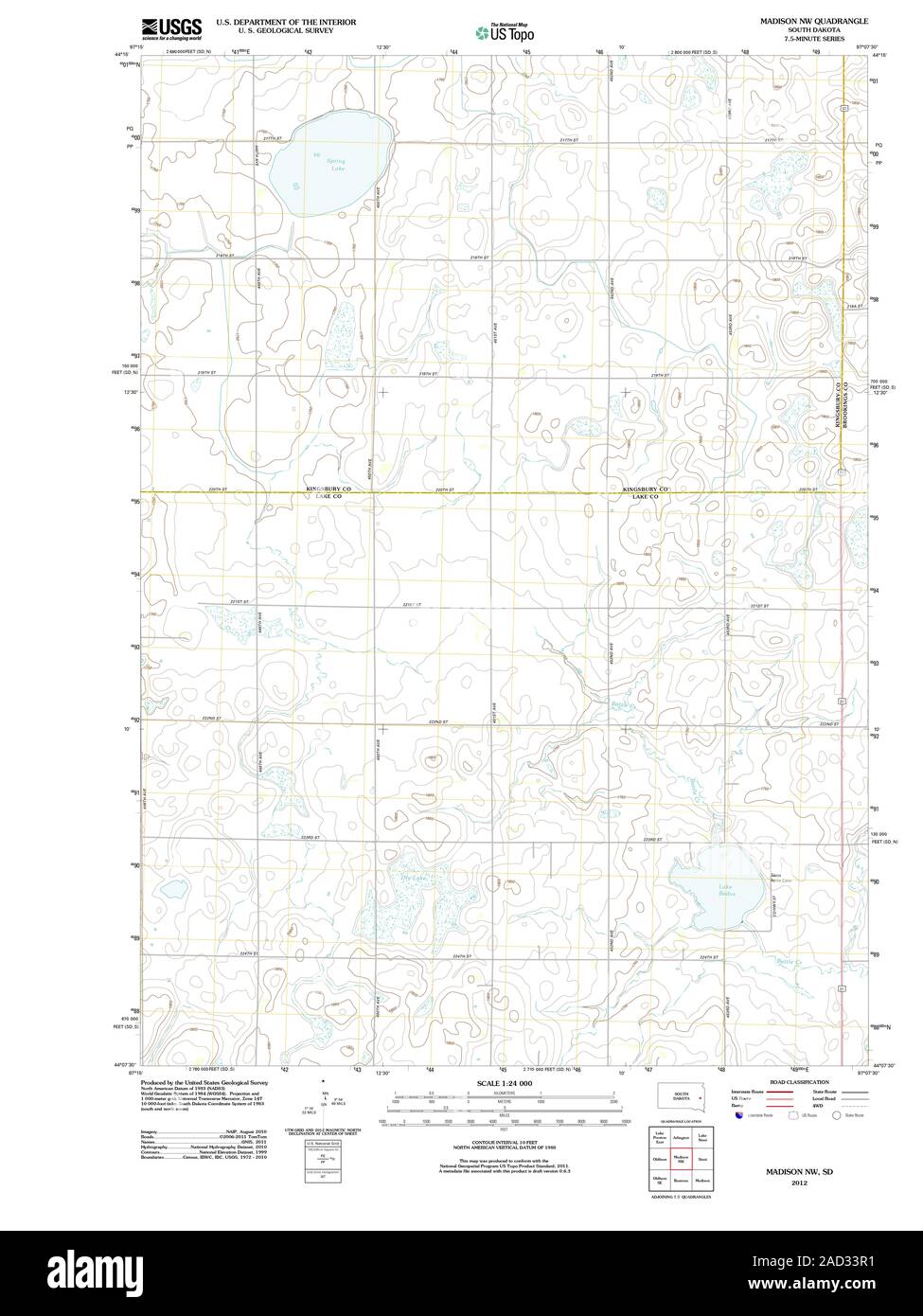 USGS TOPO Karte South Dakota SD Madison NW 20120613 TM Wiederherstellung Stockfoto