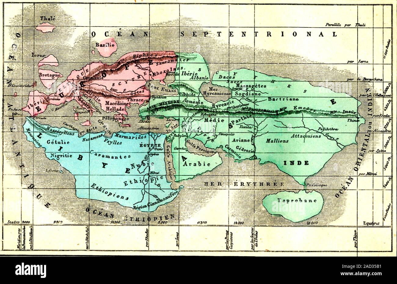 Die Welt von Eratosthenes. 1886 Nachbau einer Karte der bekannten Welt nach der alten griechischen Geographen, Mathematiker und Astronom Eratosthen Stockfoto