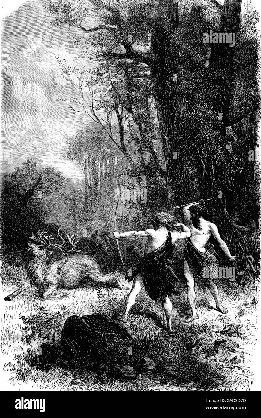 Prähistorische Jäger. 1849 Abbildung von prähistorischen Menschen Jagd ein Hirsch. Stockfoto
