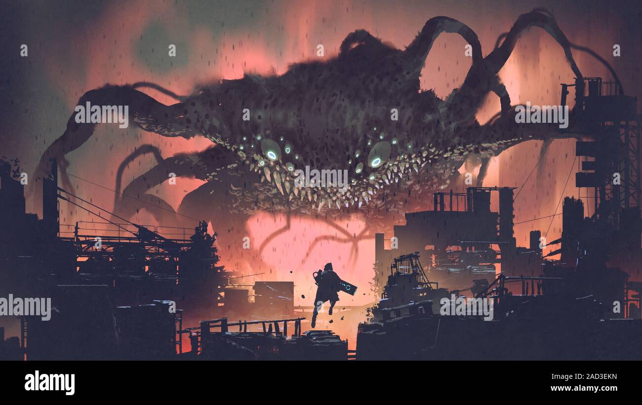 Sci-fi-Szene mit der riesigen Monster Invasion Nacht Stadt, digital art Stil, Illustration Malerei Stockfoto