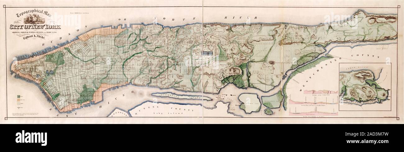 New York City Topographie 19 Jahrhundert Topographische Karte Von New York City Die Insel Manhattan Usa Die Karte Zeigt Die Ursprunglichen Wasserstrassen Grun 2ad3m7w 