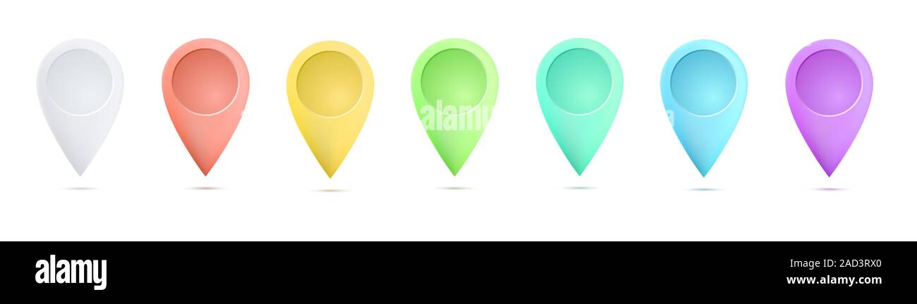 Satz von hellen multicolors Karte Zeiger. Karte Markierungen mit Kreise mit Leerzeichen. Vektorgrafiken. Stock Vektor