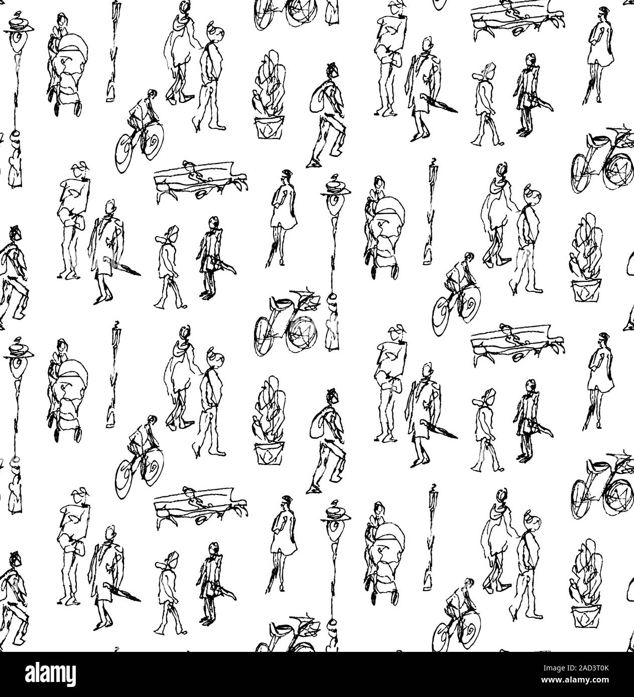 Nahtlose Muster aus Hand gezeichnet skizzierte Elemente, Menschen, Fahrrad, Laterne, Bank. Im städtischen Hintergrund, wandern Gebiet Stock Vektor