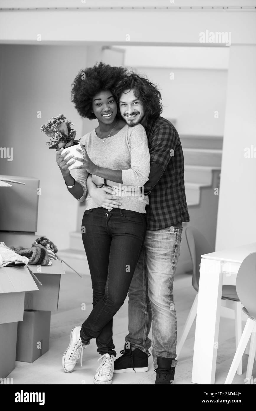 Multiethnischen Paar in ein neues Haus bewegen Stockfoto