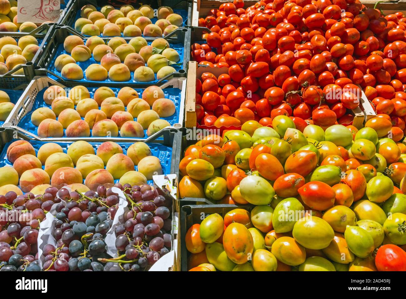 Tomaten, Trauben und Pfirsiche zum Verkauf auf einem Markt in Palermo Stockfoto