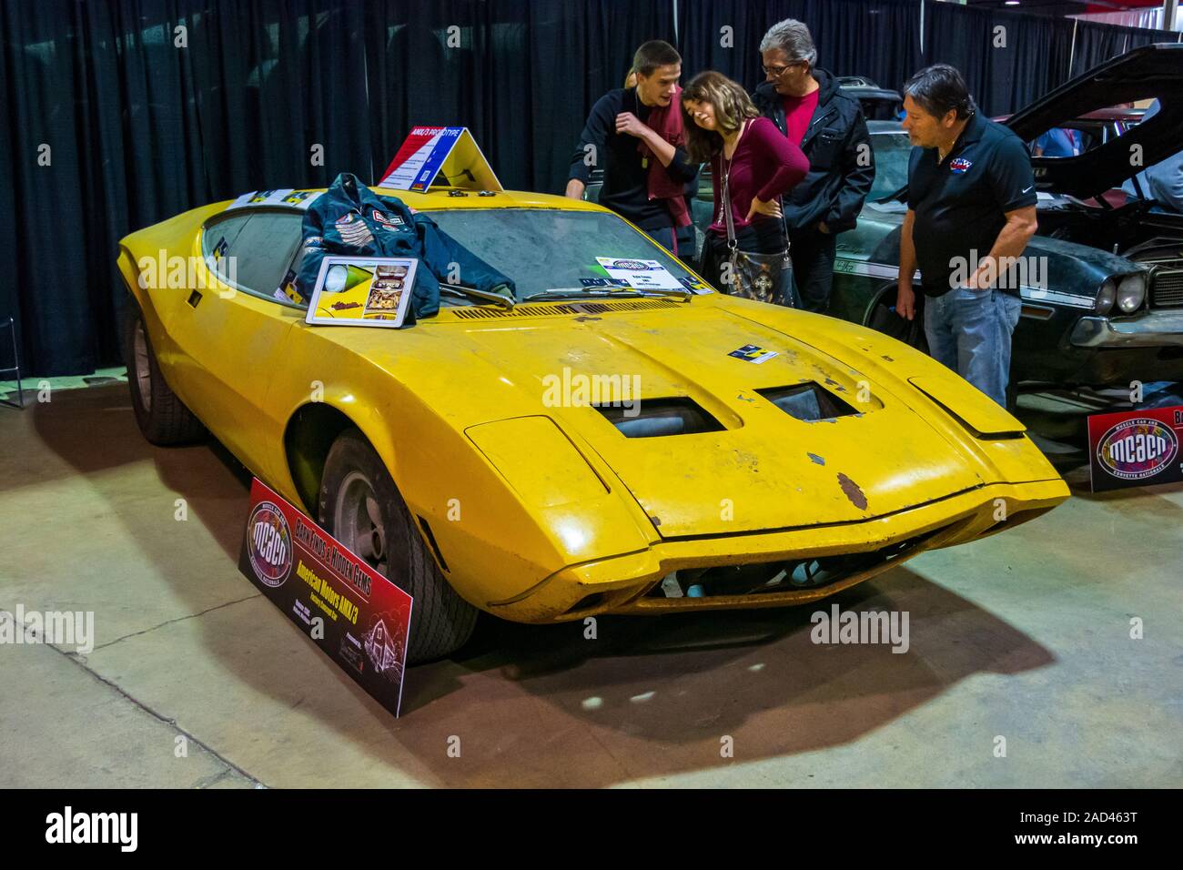 Rosemont, Illinois, Vereinigte Staaten - 23 November, 2019 - Seltene bind finden American Motor Company AMX3 in seiner 'fand' Form an das Muscle Car angezeigt ein Stockfoto